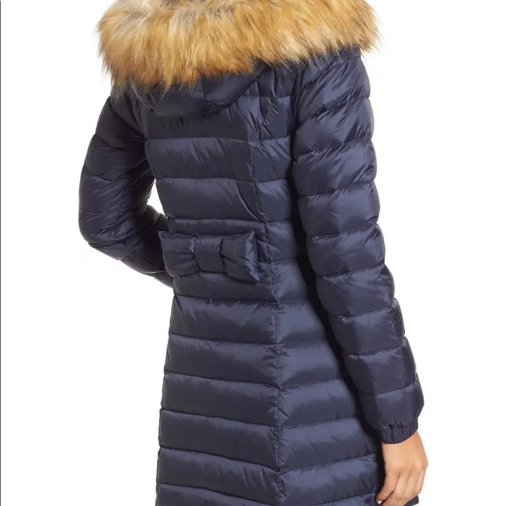 kate spade new york bow back down coat with faux fur trim in navy blue; Small